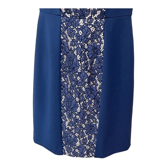 Donna Morgan Floral Lace Sheath Dress Navy Tan Color Block Midi Wedding Guest - Picture 6 of 10